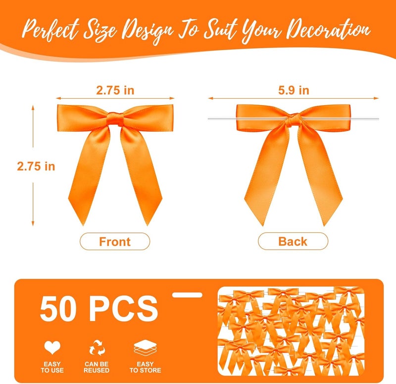 Sokfone Satin Ribbon Orange Bow Decor 2.5" Premade Orange Twist Tie Bows for Gift Wrapping Bow for Treat Bags Party Favors Wedding Decorations - 50 Counts - Image 3